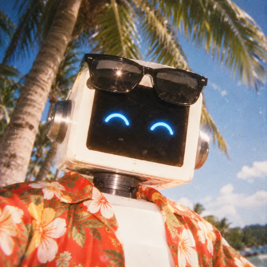 close-up of the agent under a palm tree, eyes closed and smiling, sunglasses pushed up
